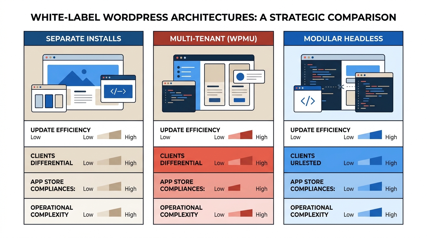 An infographic comparing three white-label WordPress architecture approaches in a three-column layout — Separate Installs, Multi-Tenant, and Modular Headless — showing metrics for update efficiency, c