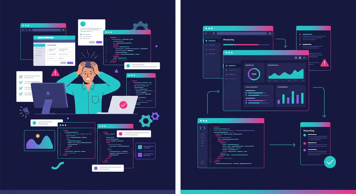 Side-by-side comparison illustration showing two agency workflows — left side depicting a manual compliance process with scattered tools, manual checks, and a stressed team member; right side showing 