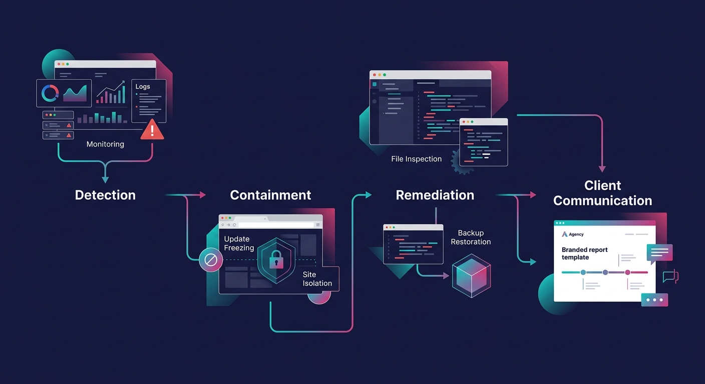 A flowchart showing an agency incident response workflow with four labeled stages - Detection with monitoring tools feeding into Containment with update freezing and site isolation, then Remediation w