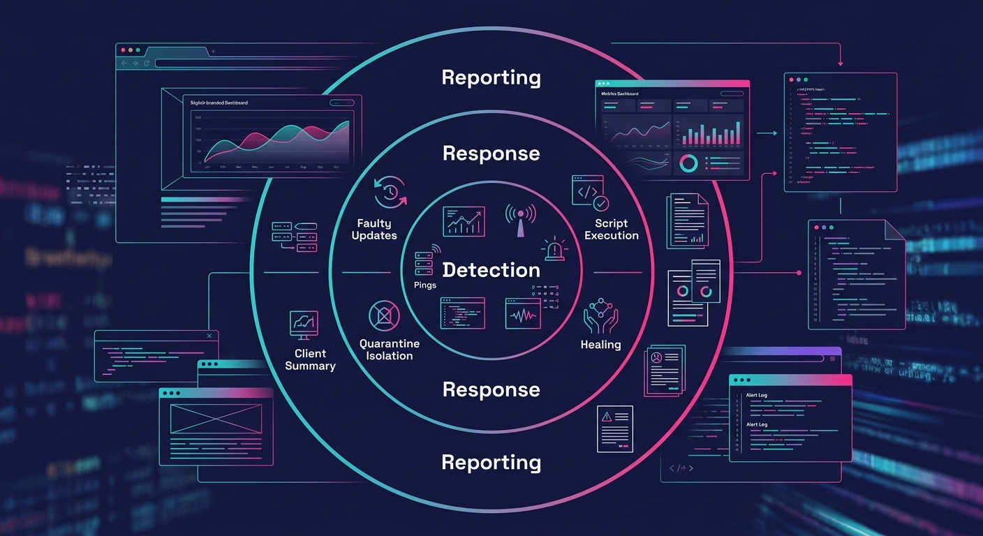 Diagram showing three concentric layers of self-healing WordPress infrastructure — inner ring labeled Detection with monitoring icons, middle ring labeled Response with automated rollback and quaranti