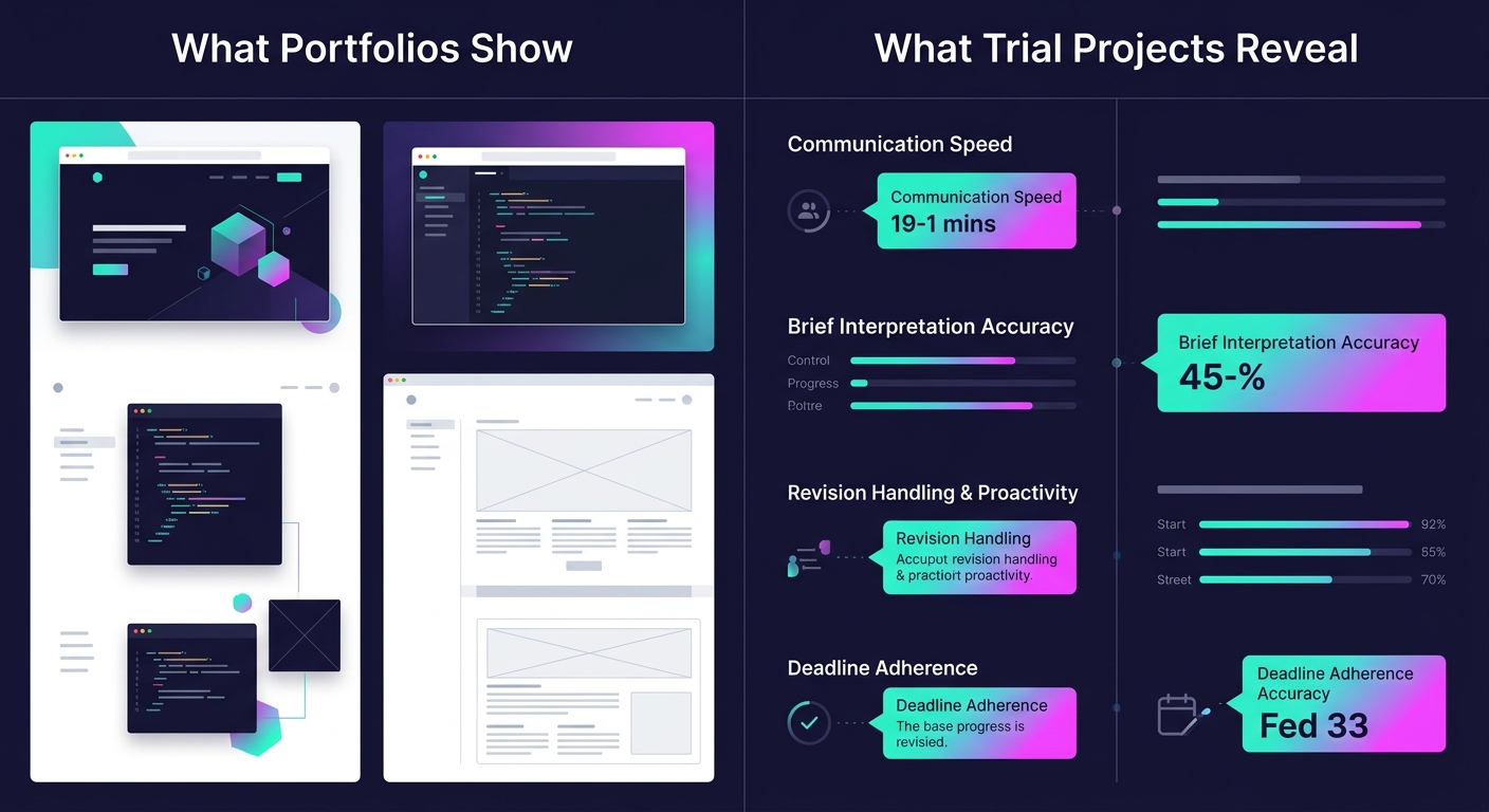 A side-by-side comparison showing two columns - left column labeled "What Portfolios Show" with polished examples, right column labeled "What Trial Projects Reveal" with items like communication speed