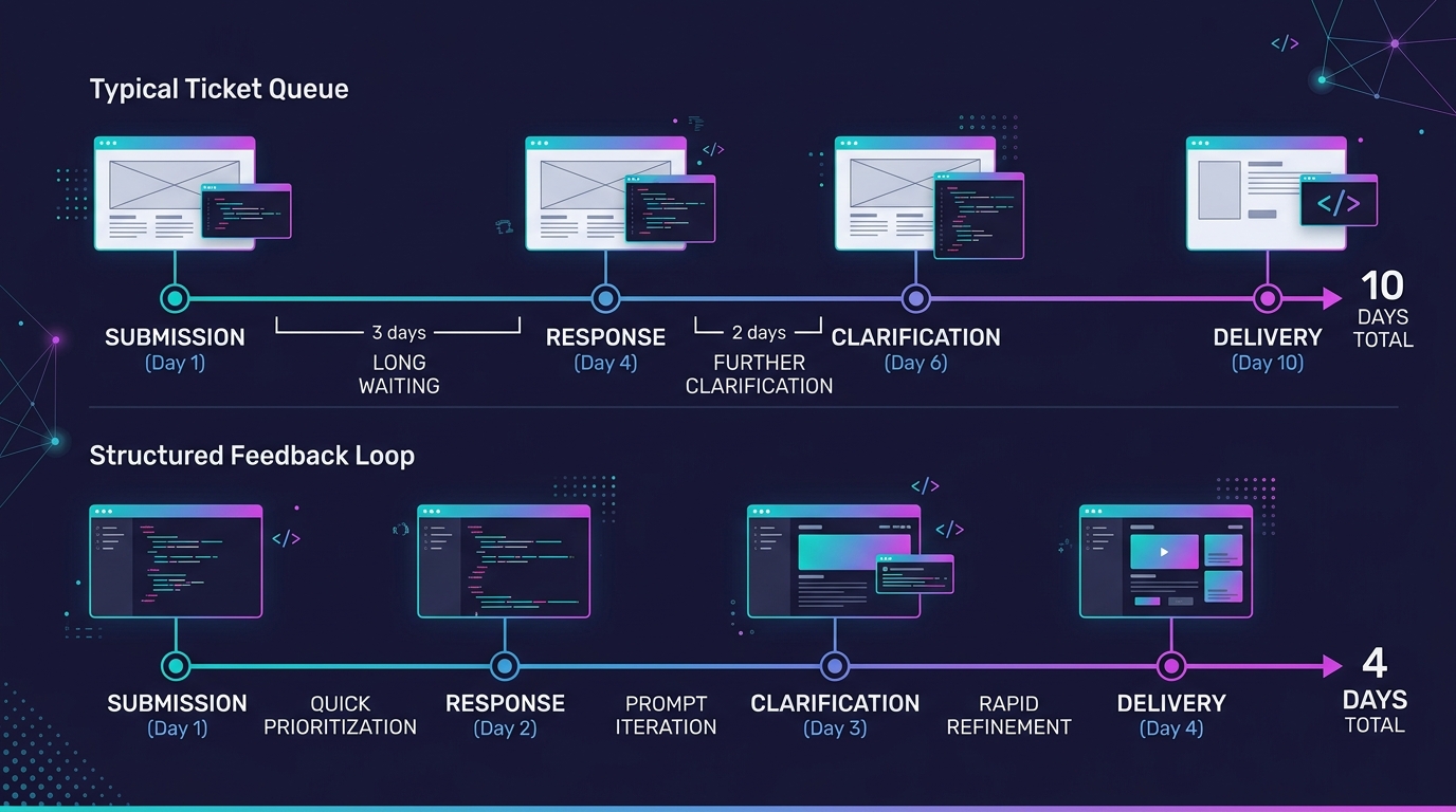 a timeline diagram showing two parallel workflows — one labeled "Typical Ticket Queue" with long gaps between submission, response, clarification, and delivery spanning 10 days, and one labeled "Struc