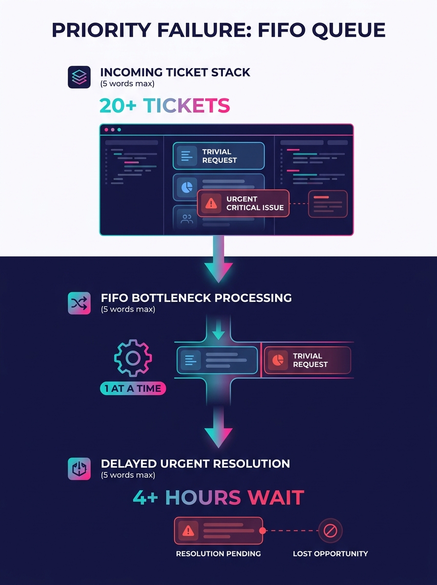 a visual diagram showing a ticket queue system where multiple agency requests are stacked in a FIFO line, with urgent items stuck behind trivial ones, illustrating the prioritization failure