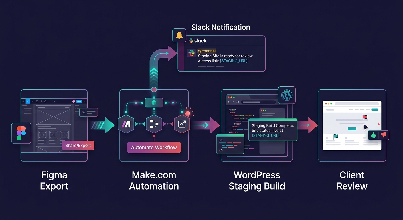 Diagram showing an automated design-to-code workflow, with nodes for Figma export, Make.com automation, Slack notification, WordPress staging build, and client review, connected by arrows indicating d