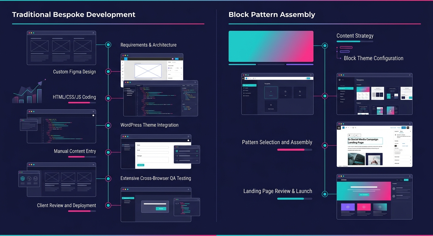 A visual comparison of two approaches to building a social media campaign landing page in WordPress—one showing traditional bespoke development with many steps and long timelines, the other showing bl