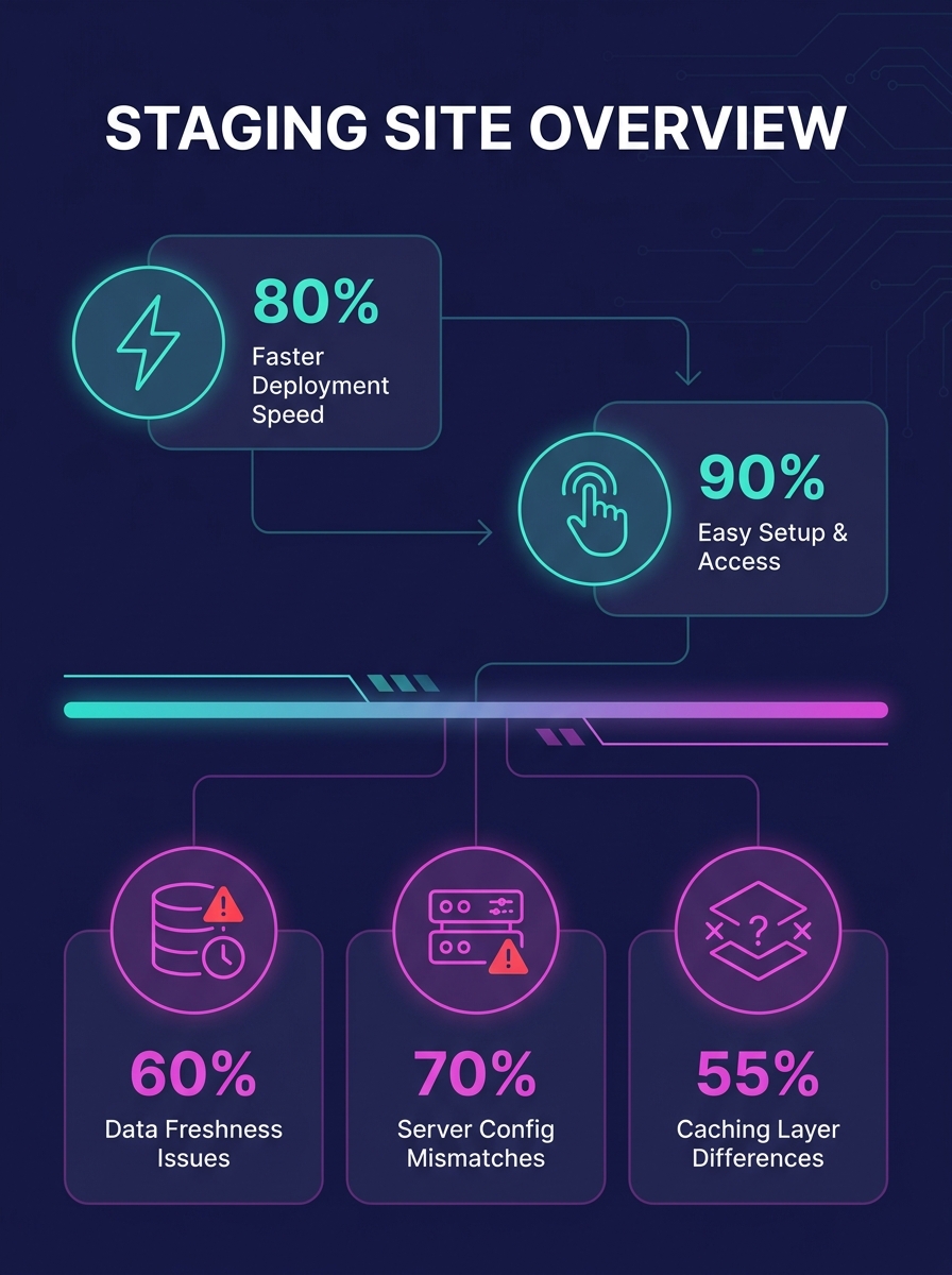Infographic comparing staging site advantages and disadvantages, with two columns showing speed and ease of use on the left versus data freshness issues, server config mismatches, and caching layer di