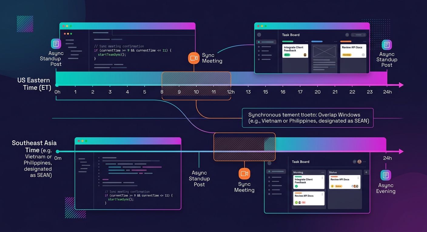 A diagram showing two parallel timelines for an agency team in US Eastern time and a white-label dev team in Southeast Asia, with overlap windows marked, async standup posts shown at the start of each