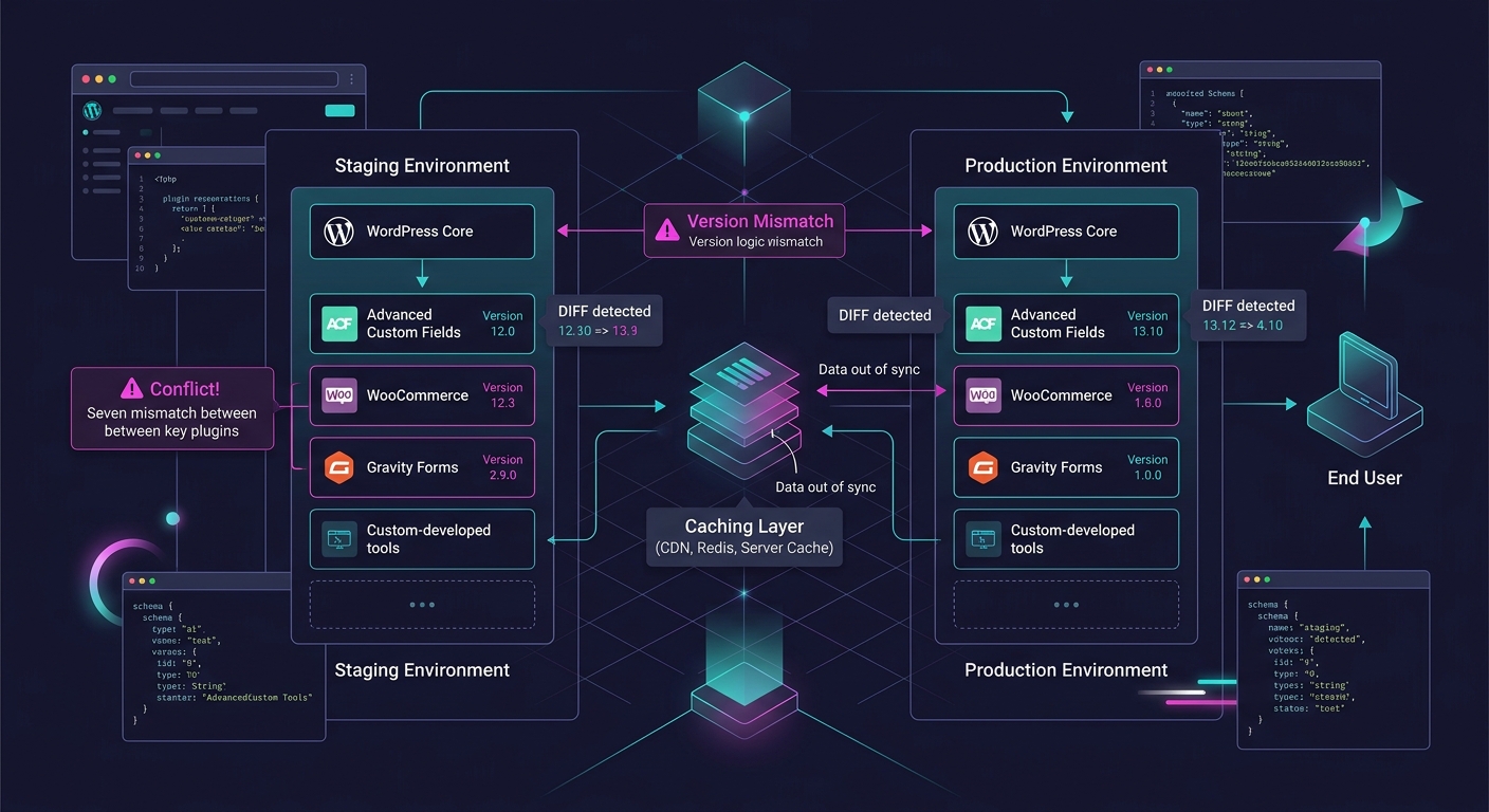 A diagram showing a WordPress plugin stack with arrows indicating version mismatches between staging and production environments, with a caching layer sitting between the server and the end user creat