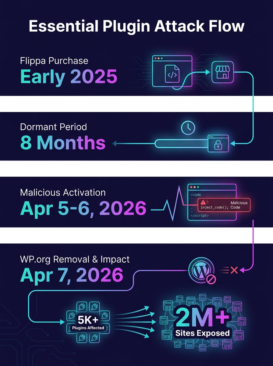 Infographic showing the Essential Plugin attack timeline from Flippa purchase in early 2025 through eight-month dormant period to activation on April 5-6 2026 and WordPress.org removal on April 7 2026