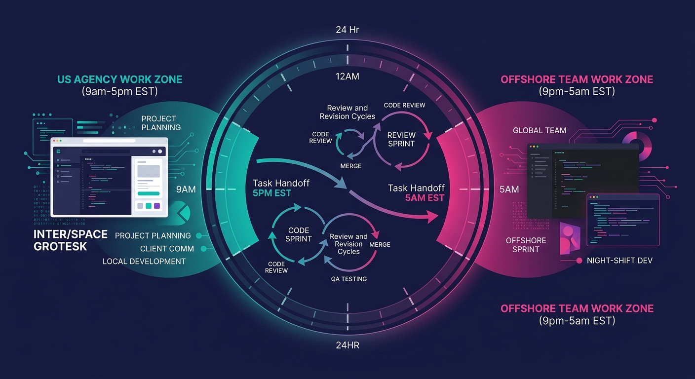 A diagram showing a 24-hour clock with two work zones highlighted - a US agency work zone from 9am-5pm EST and an offshore team work zone from 9pm-5am EST, with arrows showing task handoffs between zo