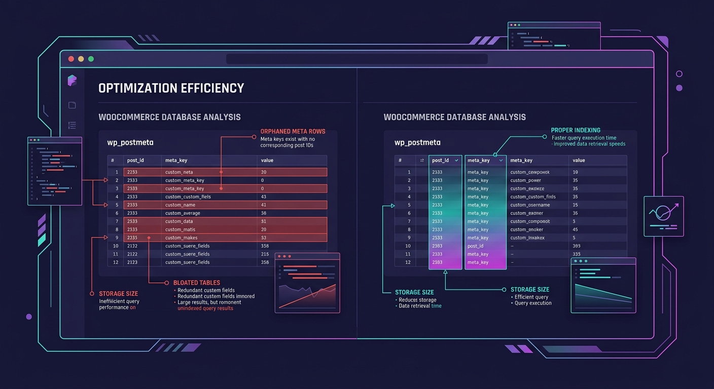 A before-and-after comparison of a WooCommerce database showing orphaned meta rows and bloated tables highlighted in red on the left side, and a cleaned-up optimized version with proper indexing and r