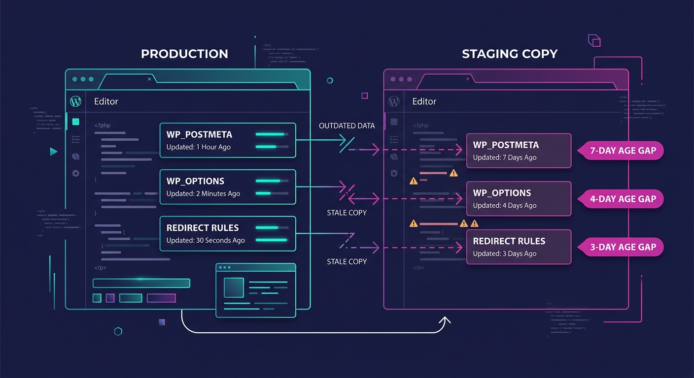 A diagram showing a WordPress database with labeled tables (wp_postmeta, wp_options, redirect rules) with arrows indicating data that has changed on production but remains stale on the staging copy, w