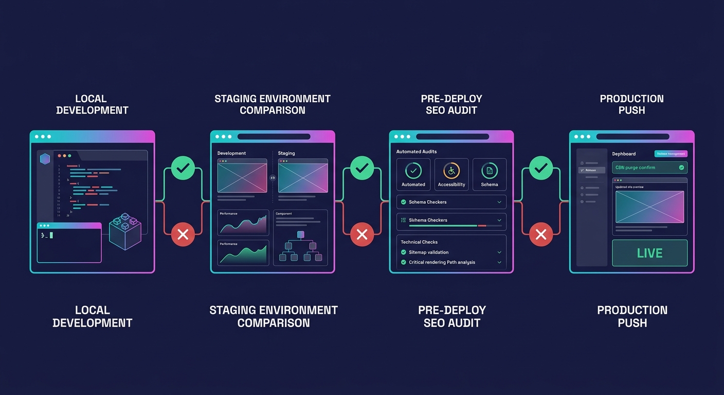 A flowchart showing a white-label deployment pipeline with checkpoints at each stage — local development, staging environment comparison, pre-deploy SEO audit, production push — with green checkmarks 