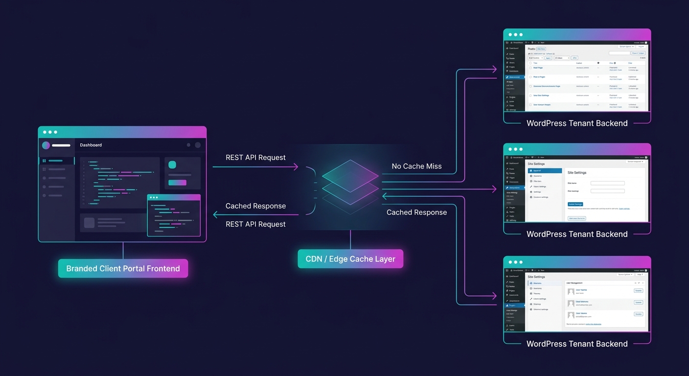 technical diagram showing a branded client portal frontend on the left, connected via REST API arrows to three separate WordPress tenant backends on the right, with a CDN/edge cache layer in between i