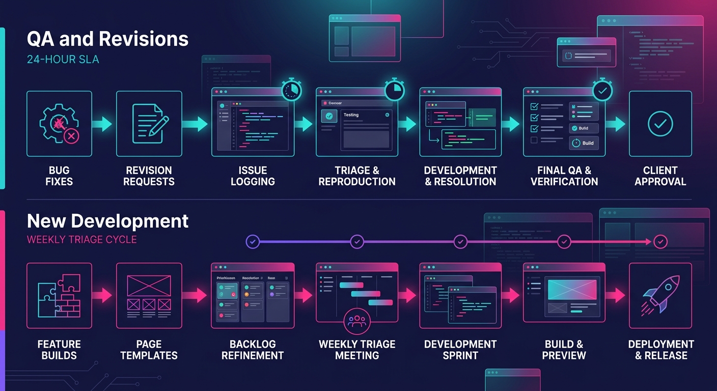 an infographic showing two parallel workflow lanes — one labeled "QA and Revisions" with a 24-hour SLA and items like bug fixes and revision requests, and one labeled "New Development" with a weekly t