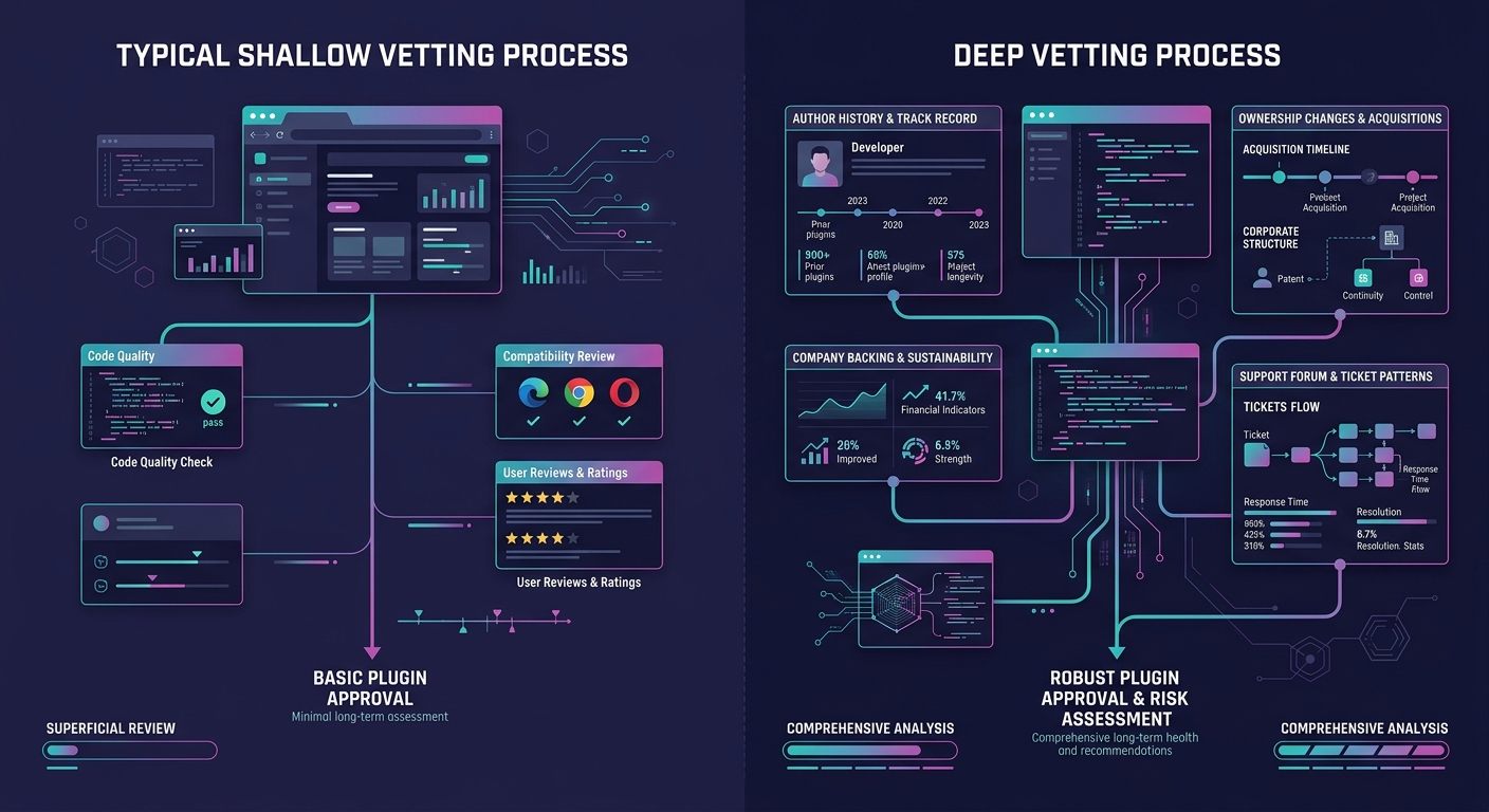 A side-by-side comparison diagram showing two plugin vetting approaches - a typical shallow vetting process that checks only code quality, compatibility, and reviews versus a deep vetting process that
