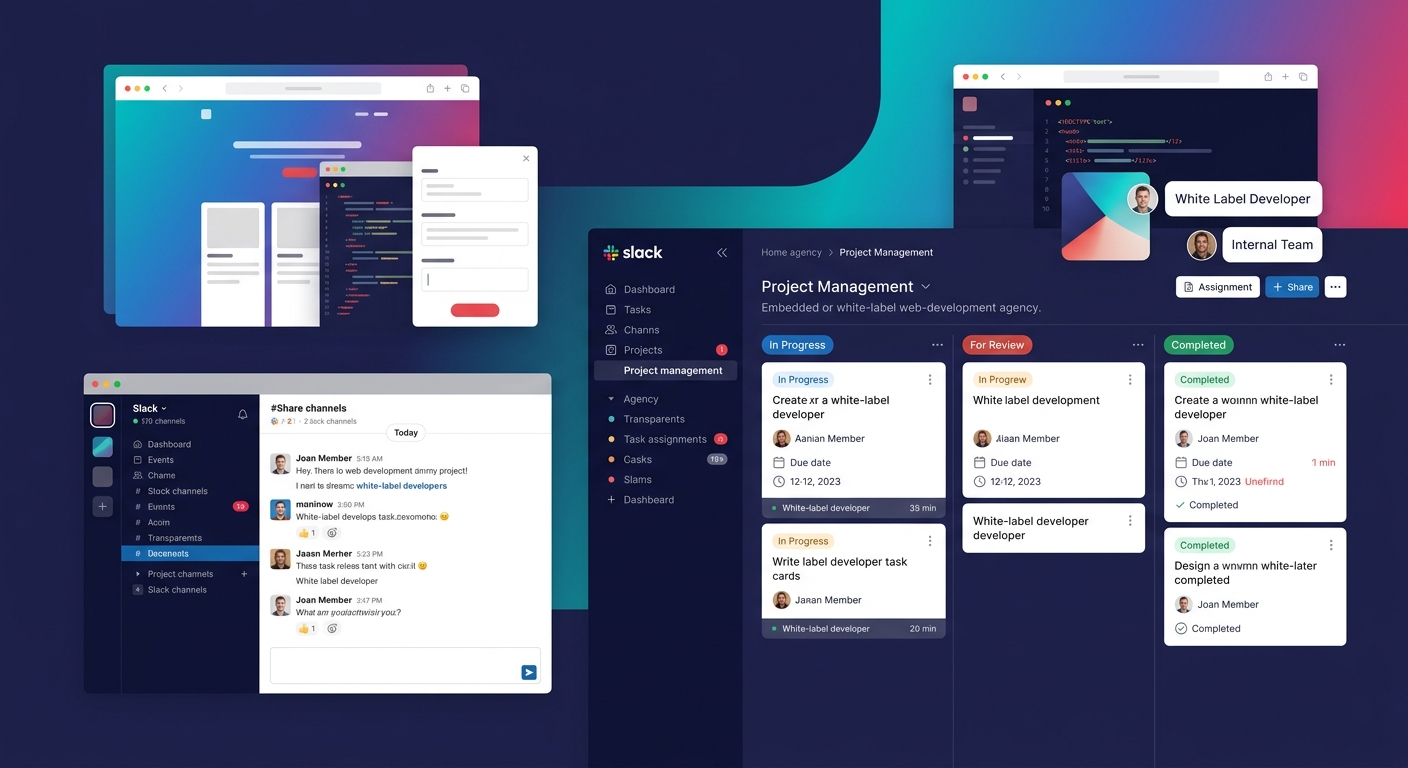 an illustration of an embedded team workflow showing a white-label developer integrated into an agency's project management board alongside internal team members, with shared Slack channels and task a