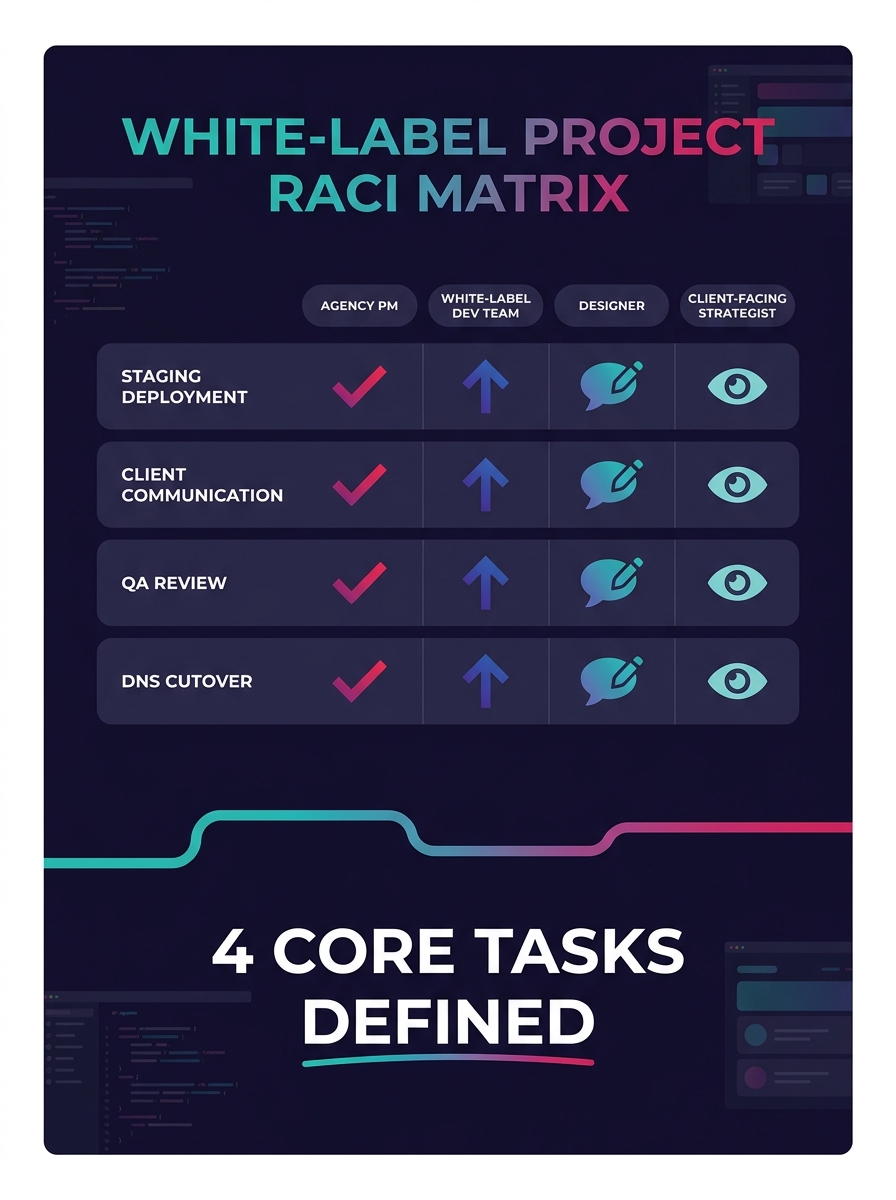 An infographic showing a responsibility matrix (RACI chart) for a white-label agency project, with rows for common tasks like staging deployment, client communication, scope changes, QA review, and DN