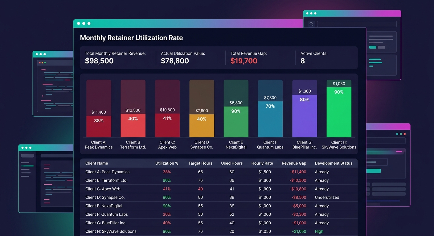 a dashboard-style visualization showing monthly retainer utilization rates across eight agency clients, with color-coded bars indicating high utilization clients at 90 percent in green and underutiliz