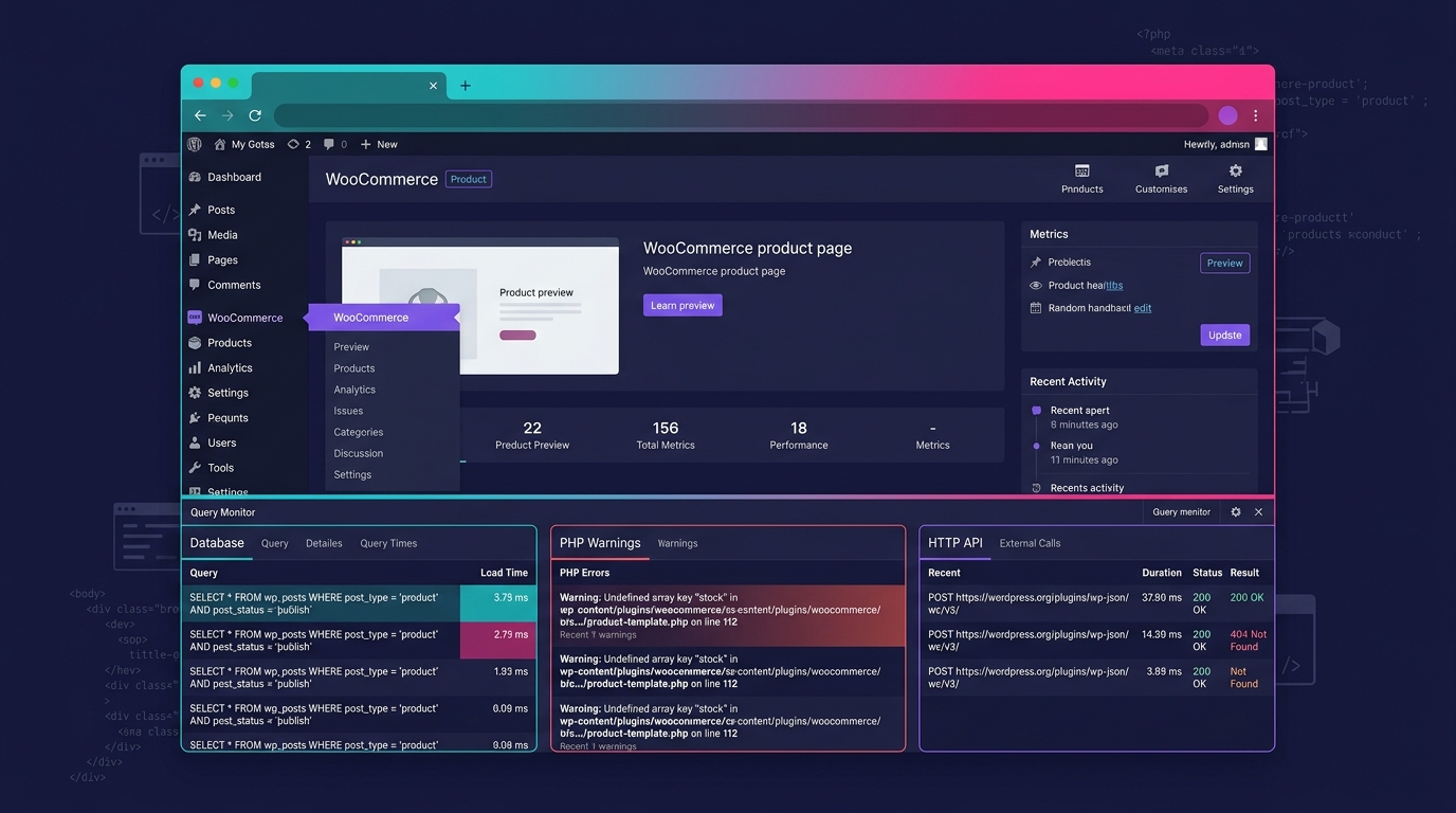 A screenshot-style illustration of a WordPress admin dashboard with Query Monitor panel open, showing database query times, PHP warnings, and HTTP API call results for a WooCommerce product page
