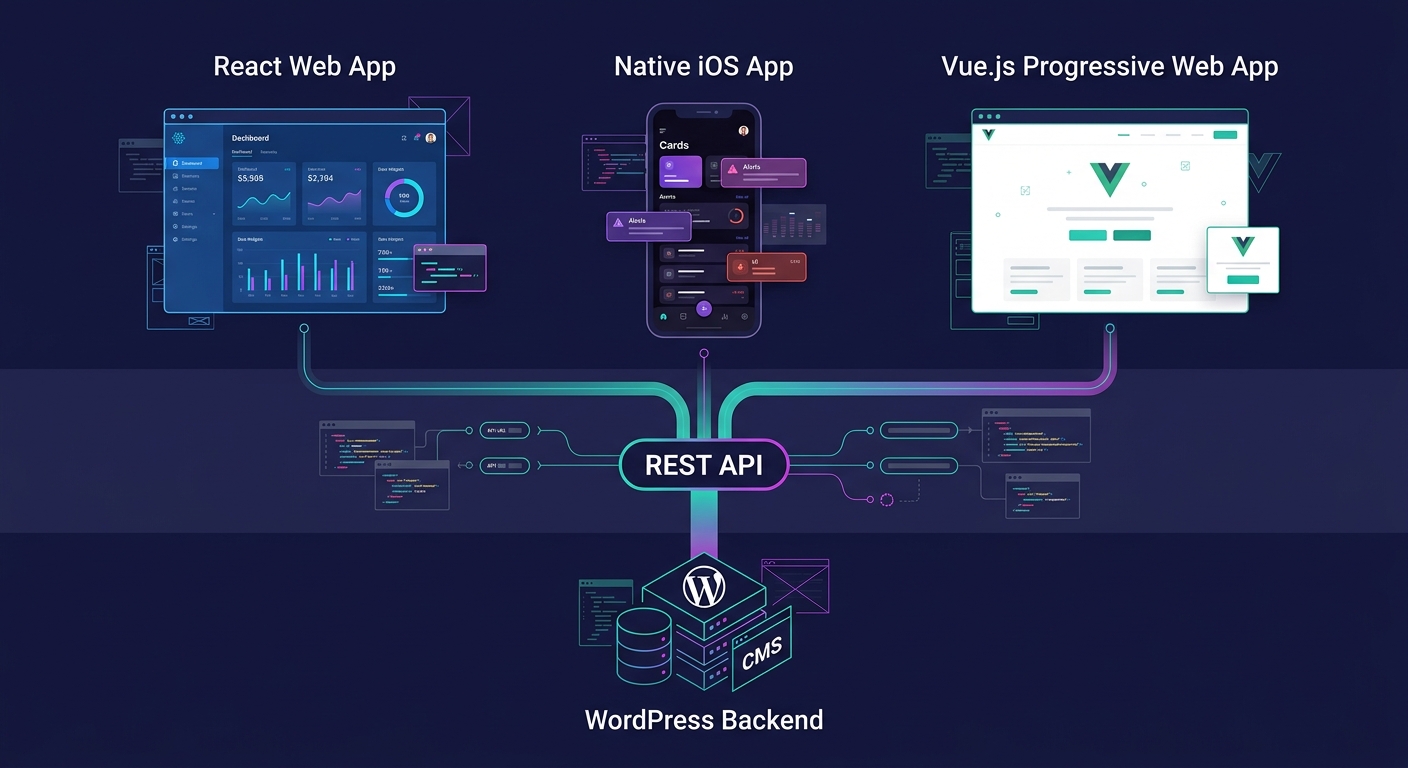 A layered architecture diagram showing a single WordPress backend with REST API connecting upward to three visually distinct client frontends — a React web app with a blue dashboard, a native iOS app 