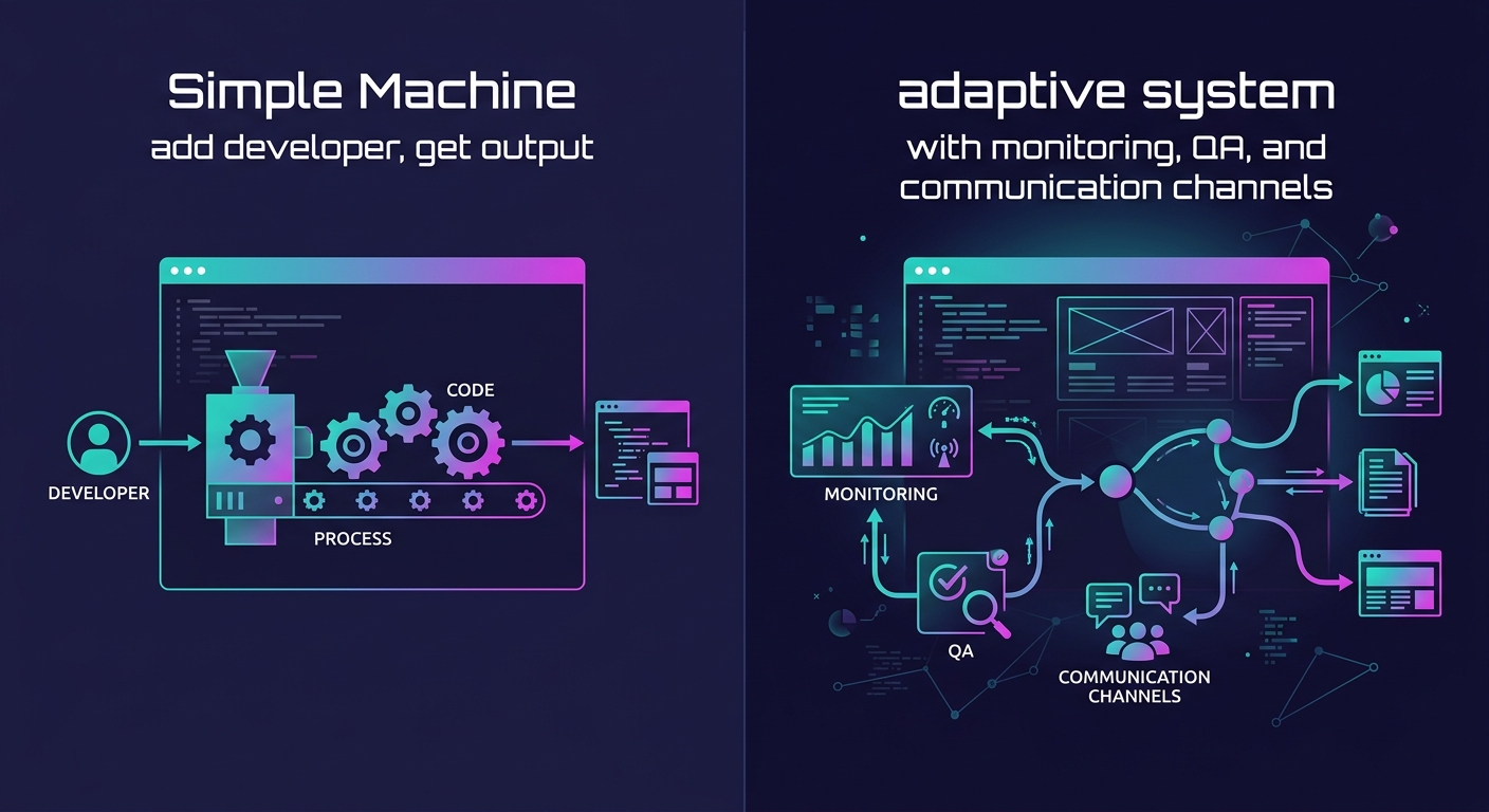 A split comparison illustration — on the left, a simple linear machine with gears labeled "add developer, get output," and on the right, an organic branching network with feedback loops, labeled "adap