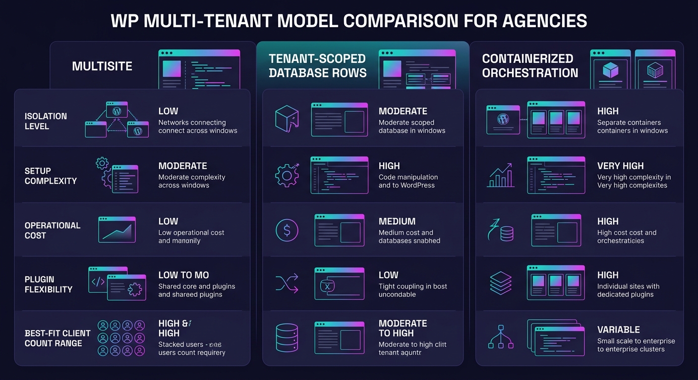 infographic with three columns comparing WordPress multi-tenant models - Multisite, tenant-scoped database rows, and containerized orchestration - each with icons showing their tradeoffs across five d