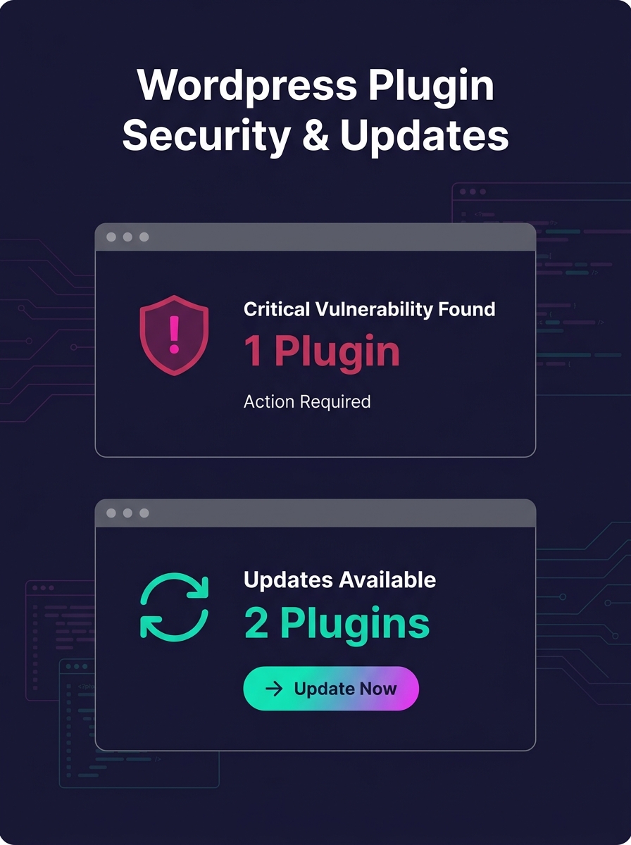 WordPress dashboard showing plugin security vulnerability alert and update notification