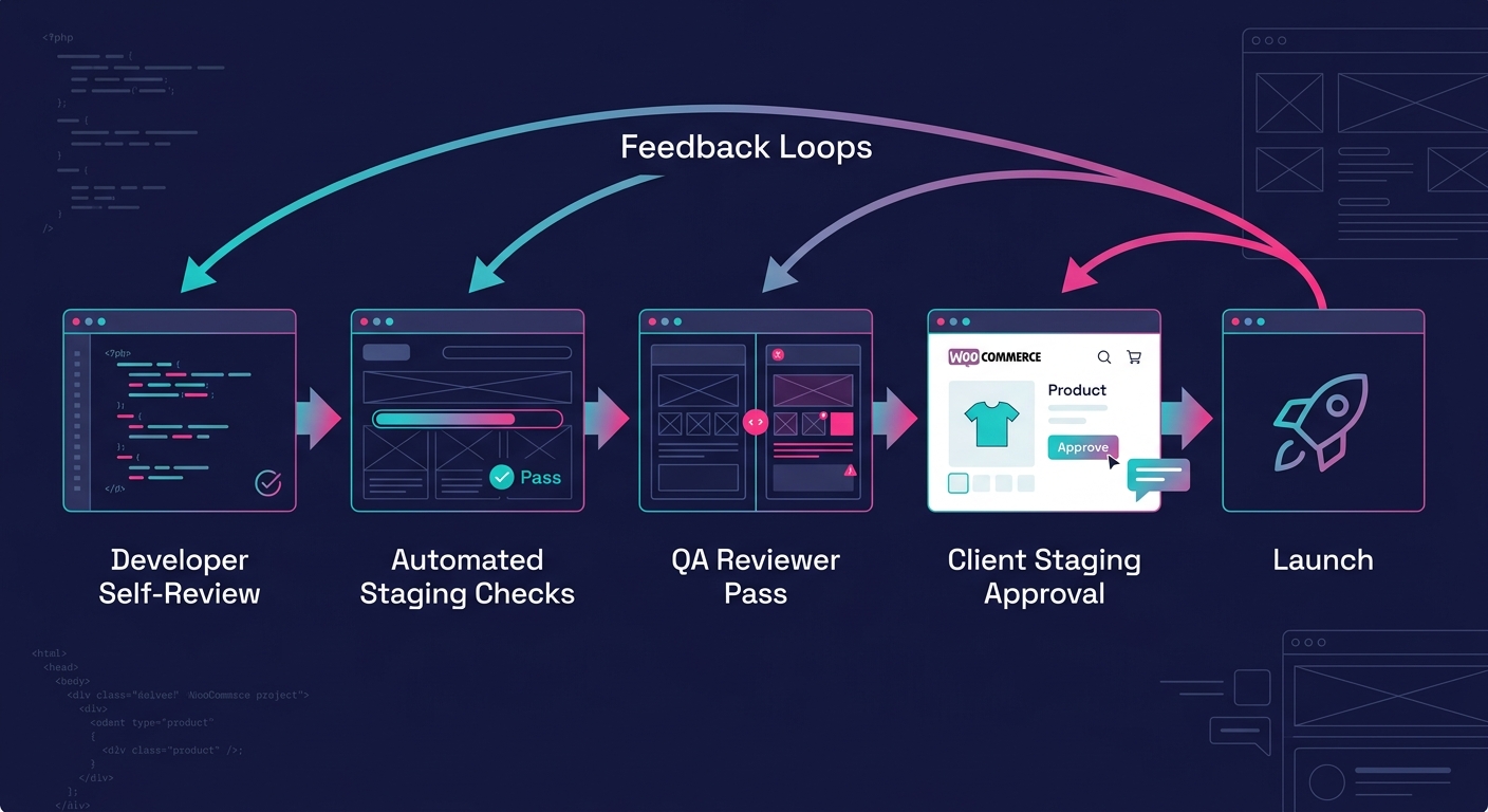 A diagram showing a structured QA workflow for a WooCommerce project, with stages labeled — developer self-review, automated staging checks, QA reviewer pass, client staging approval, and launch — wit