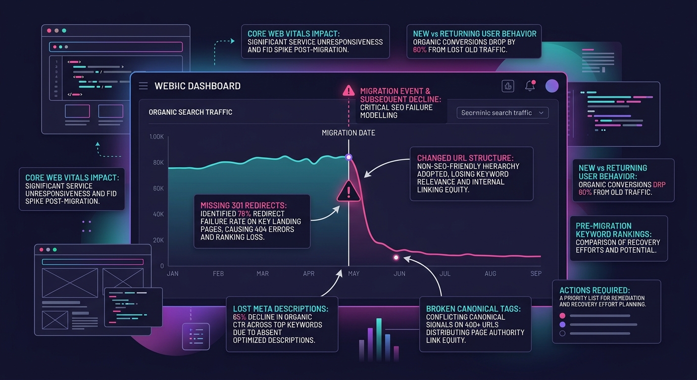 A dashboard-style visualization showing a website organic traffic graph with a sharp decline after a migration date, annotated with common causes including missing 301 redirects, changed URL structure