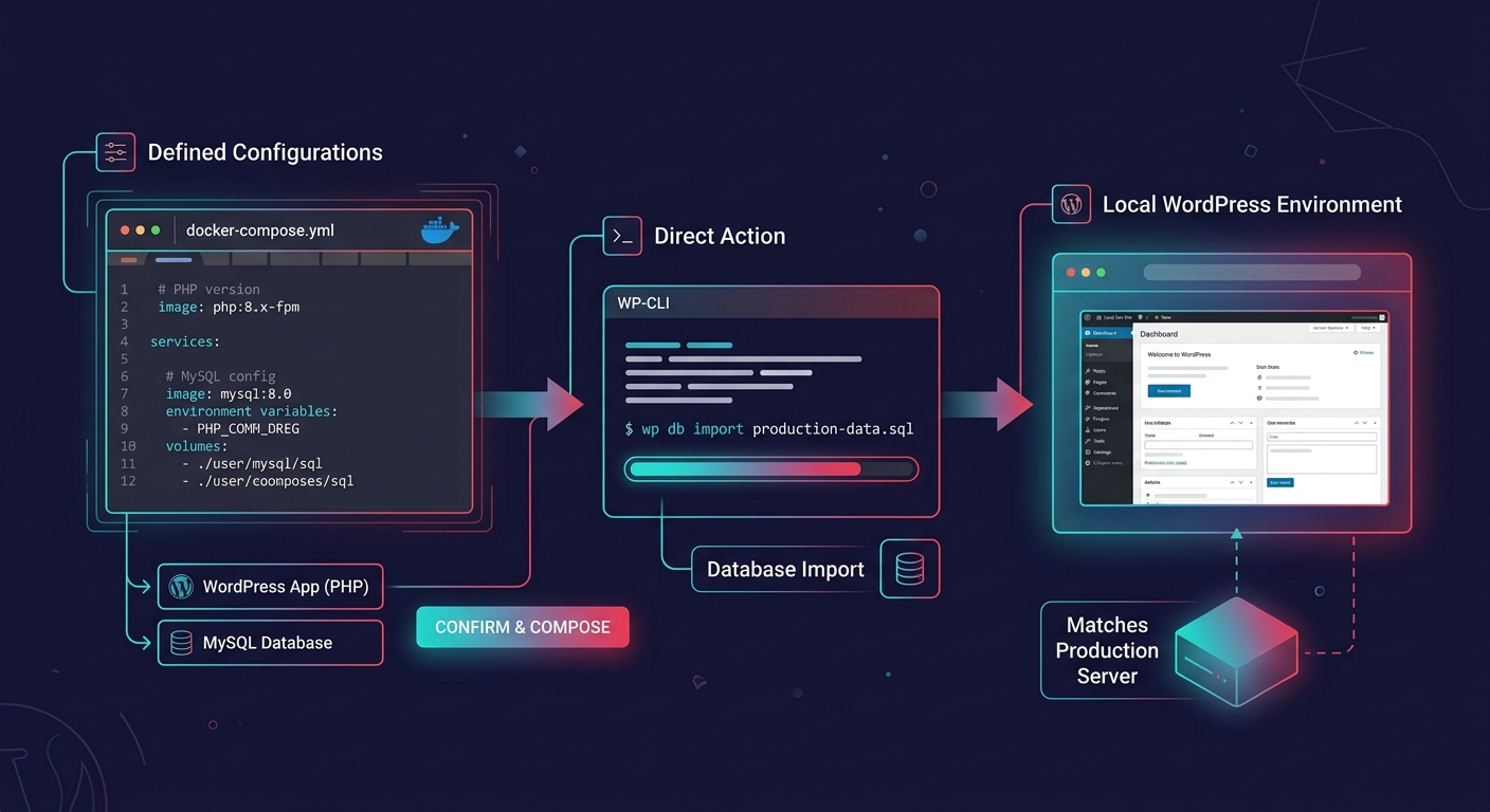 Diagram showing a Docker development workflow with three connected stages: a Docker Compose file defining PHP version and MySQL config on the left, a WP-CLI database import step in the middle, and the