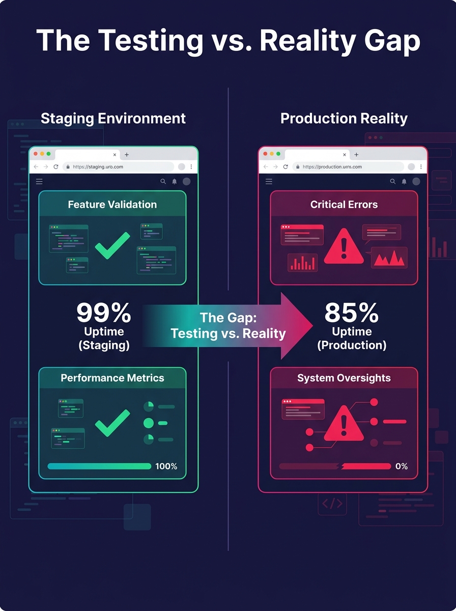 A split-screen comparison showing a staging environment dashboard on the left with green checkmarks and a production environment on the right showing error logs and red alerts, illustrating the gap be