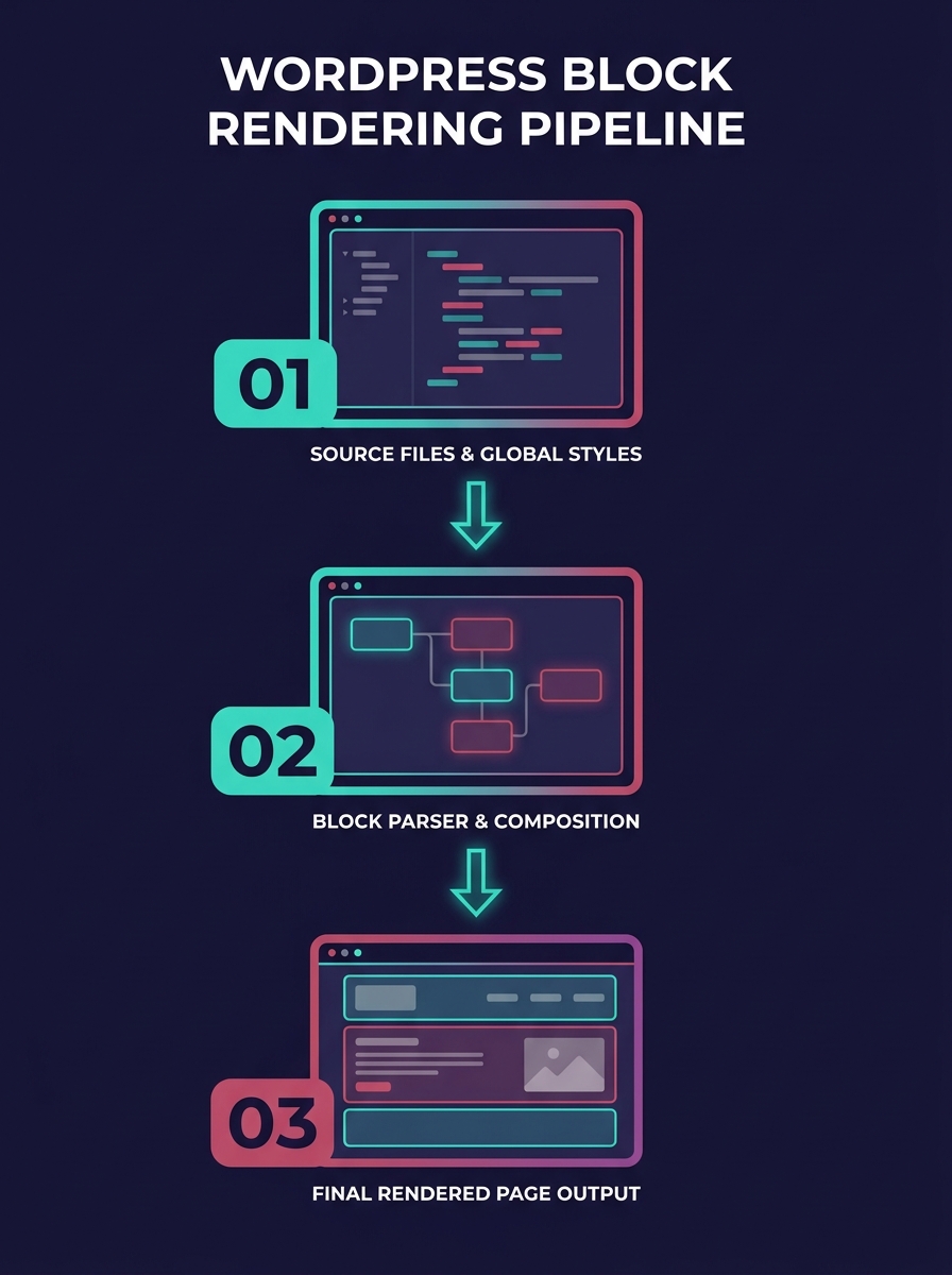 Diagram showing the WordPress block theme rendering pipeline, from HTML template files and theme.json through block parsing to final page output, with labeled layers for templates, global styles, and 