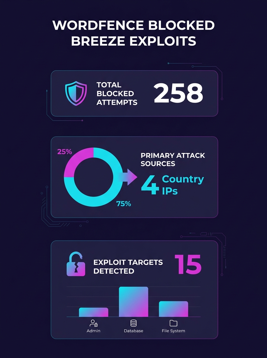 Security researcher reviewing Wordfence firewall logs showing blocked Breeze Cache exploit attempts