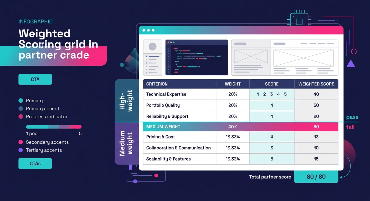 An infographic showing a weighted scoring grid for white-label partner evaluation with six criteria divided into high-weight and medium-weight categories, sample scores filled in, and a calculated tot