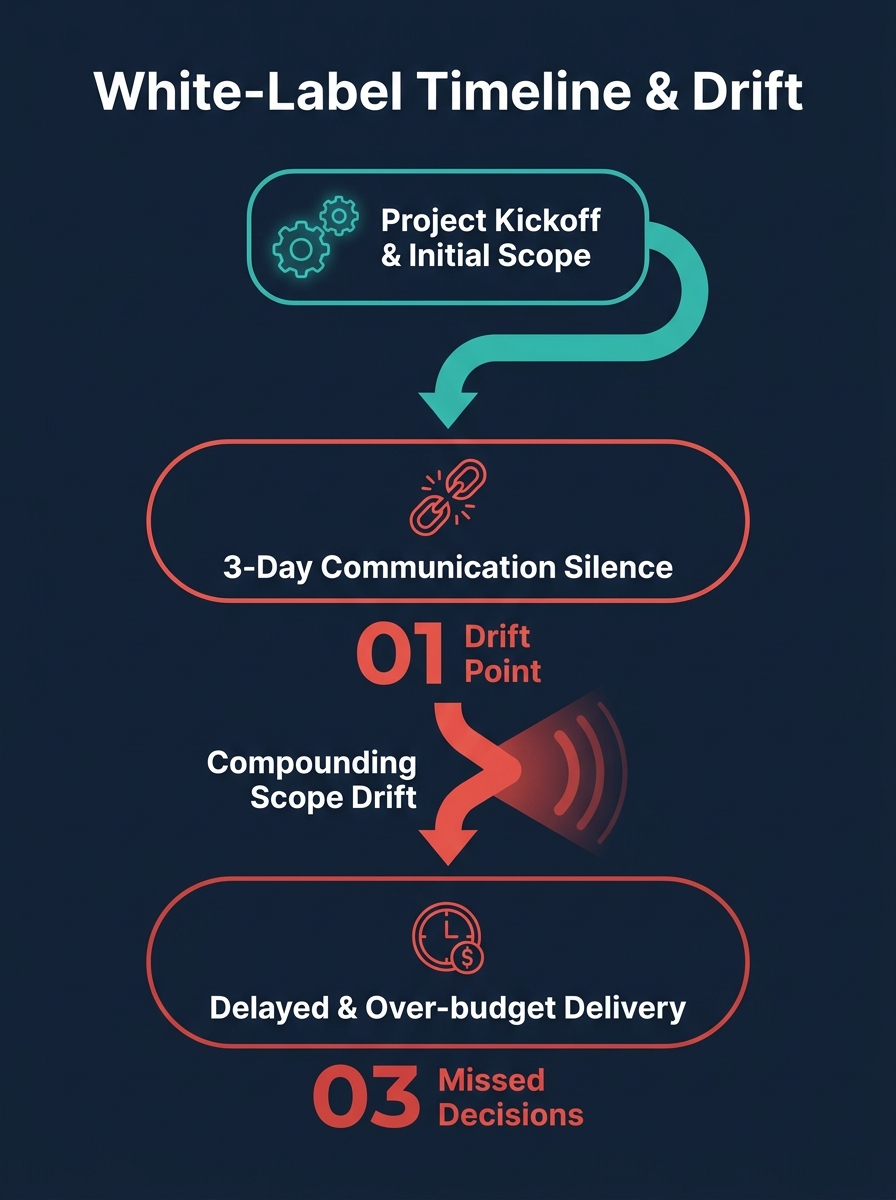 an infographic showing a timeline of a white-label project with communication gaps highlighted in red, illustrating how 3-day silence periods between agency and partner create compounding scope drift 