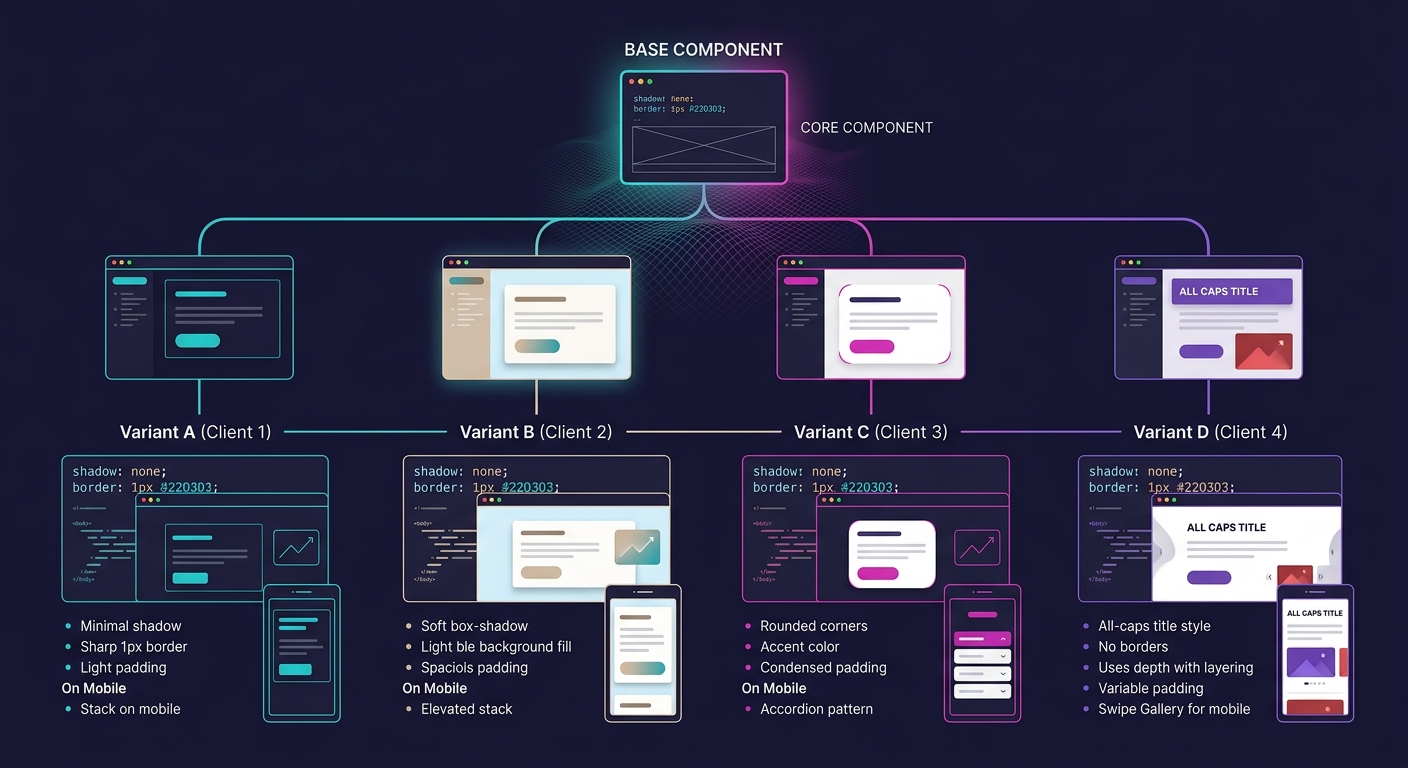 Diagram showing a single base card component branching into four client-specific variants, each with different visual properties like shadow, border, padding, and mobile behavior, illustrating how com