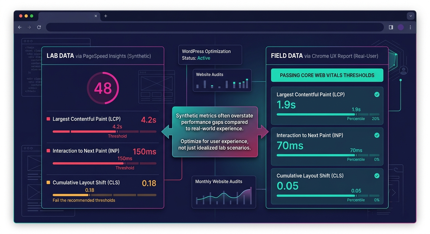 A dashboard-style mockup showing side-by-side comparison of synthetic PageSpeed Insights scores versus real-user Chrome UX Report field data for the same WordPress site, with call-outs highlighting th