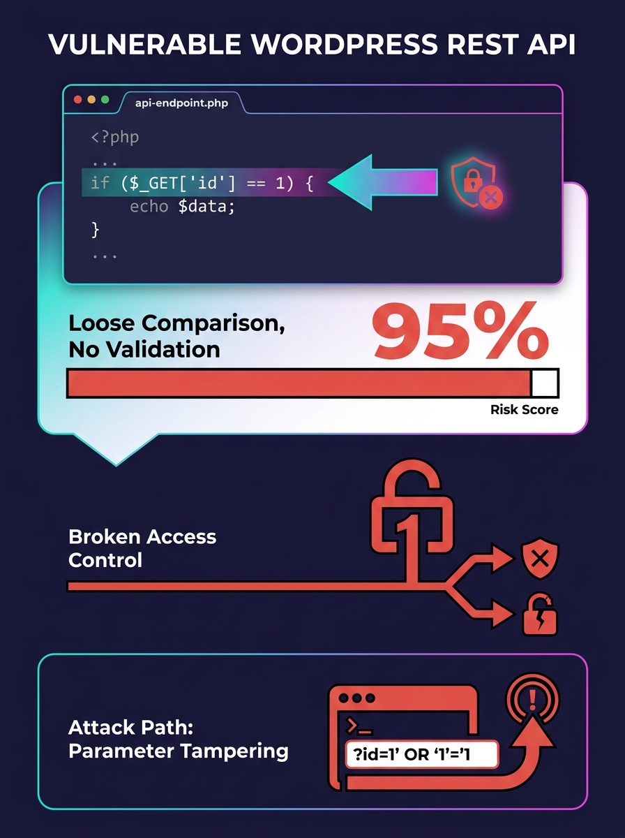 Code snippet showing vulnerable REST API endpoint with loose comparison operator and missing validation in WordPress plugin