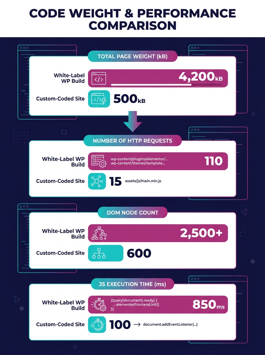 Infographic comparing the code weight and HTTP requests of a typical white-label WordPress build using Elementor with 8 plugins and a template theme versus a custom-coded WordPress site with a lightwe