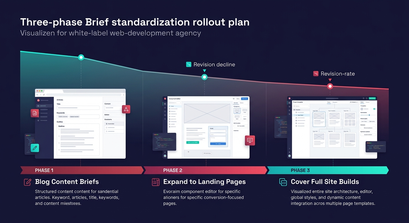 A timeline diagram showing a three-phase rollout plan for brief standardization, with Phase 1 covering blog content briefs, Phase 2 expanding to landing pages, and Phase 3 covering full site builds, w