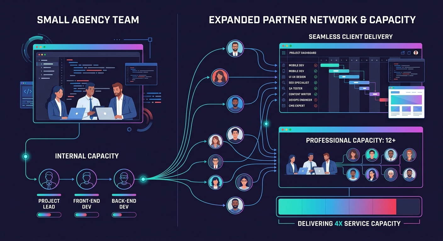 a side-by-side comparison showing a small agency team of 3 on one side expanding through partner connections to deliver capacity equivalent to 12 professionals, with visual connections between interna