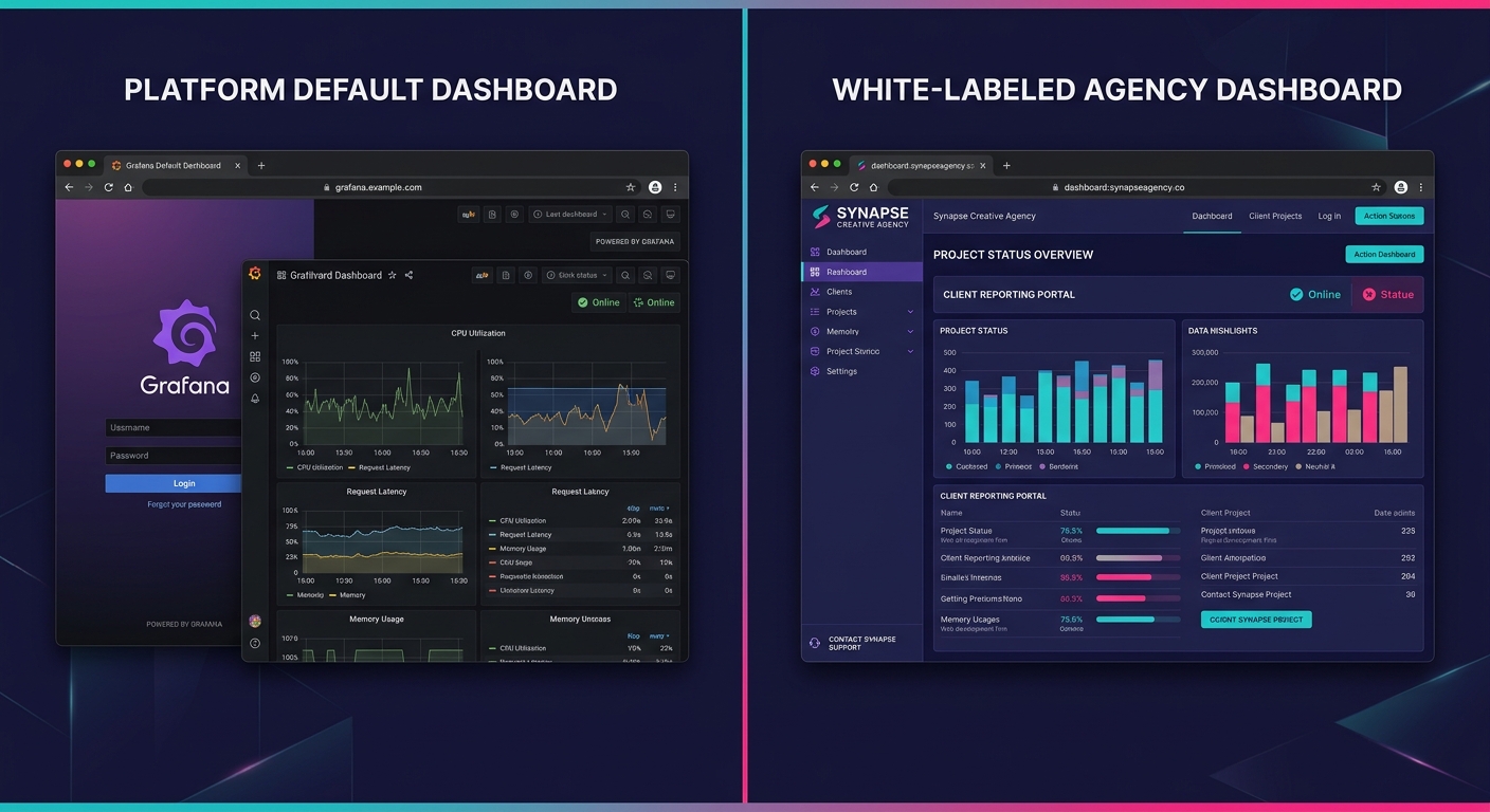 Side-by-side comparison showing a default Grafana dashboard with purple Grafana branding on the left, and the same dashboard white-labeled with a fictional agency logo, custom colors, and client brand
