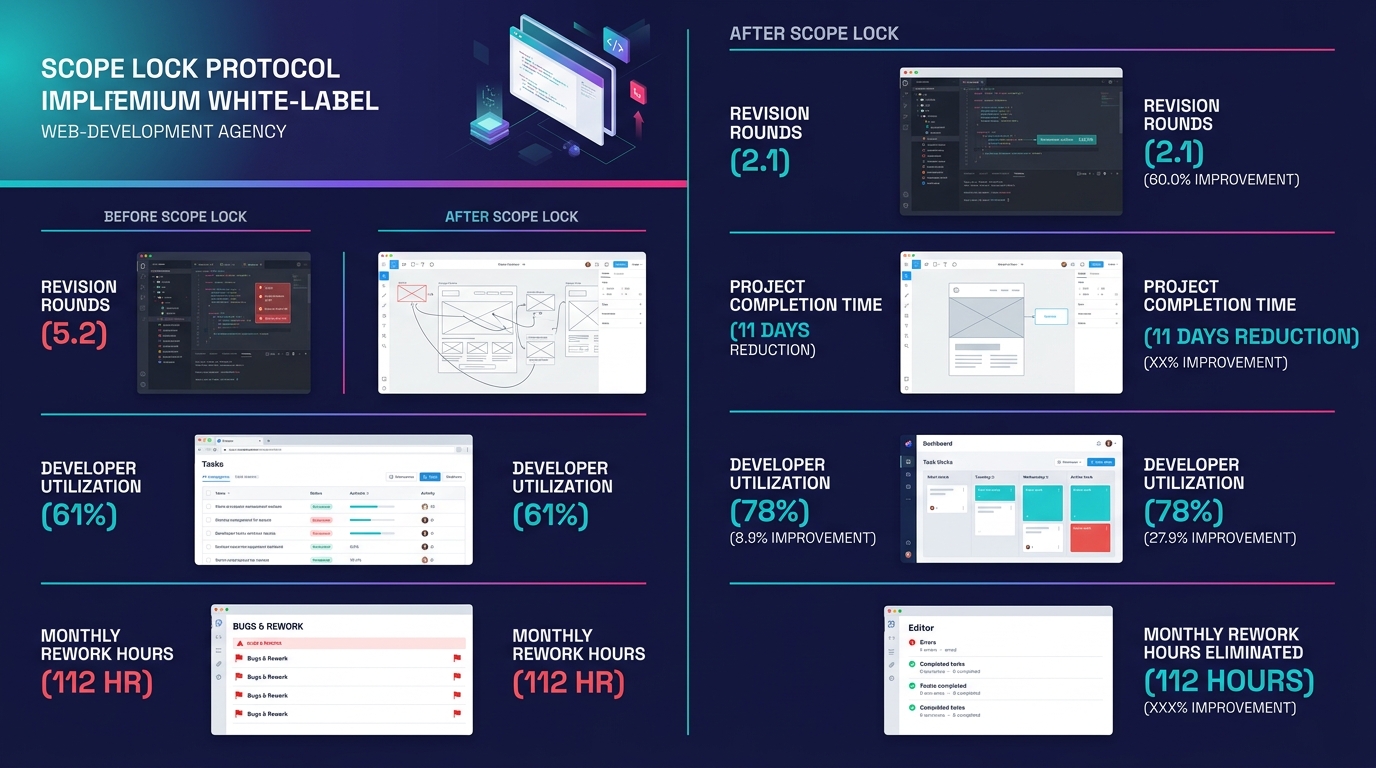 An infographic showing before-and-after metrics for the scope lock protocol implementation, including revision rounds (5.2 to 2.1), project completion time (reduction of 11 days), developer utilizatio