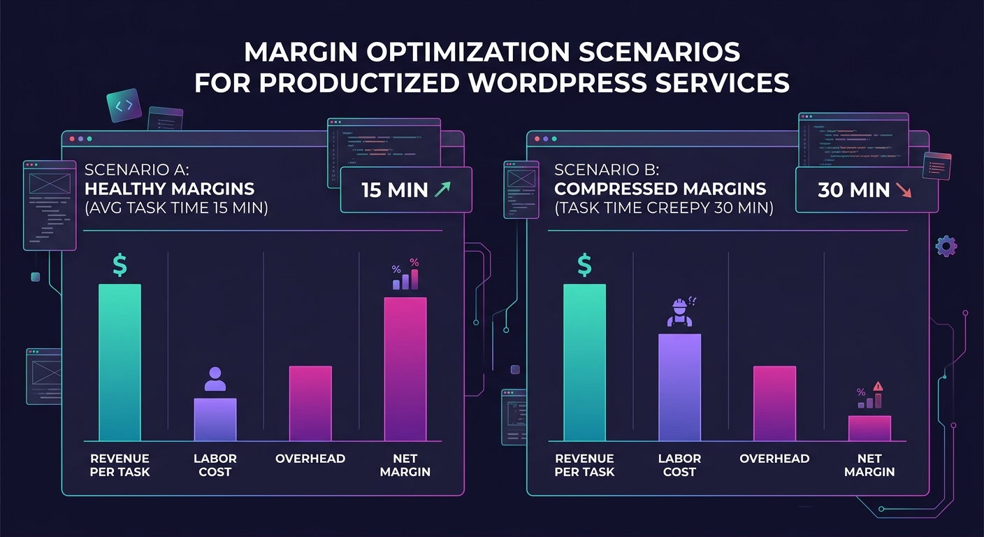 An infographic showing two margin scenarios side-by-side for a productized WordPress service — one where average task time is 15 minutes with healthy margins, and another where task time creeps to 30 