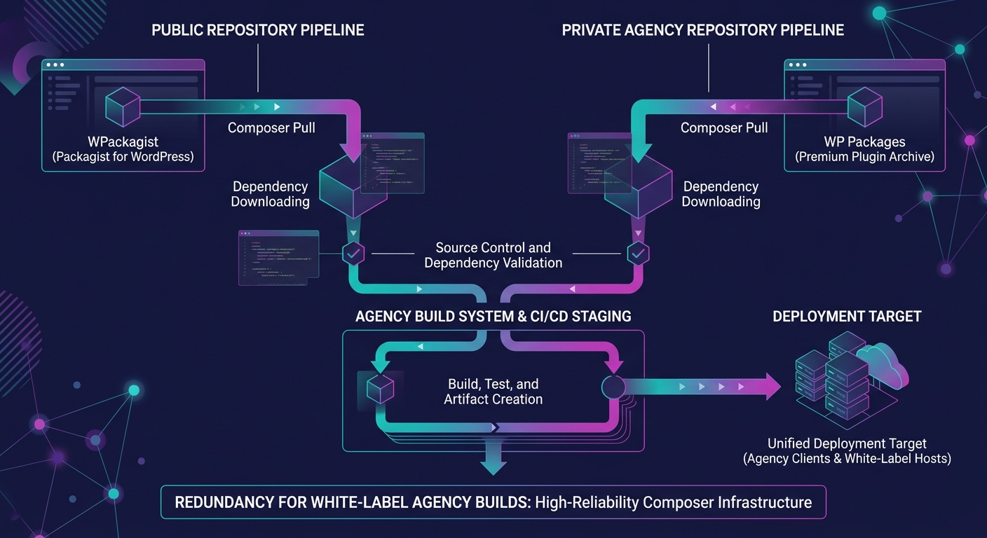 A diagram showing two parallel Composer build pipelines — one pulling from WPackagist and one from WP Packages — both feeding into the same CI/CD deployment target, illustrating repository redundancy