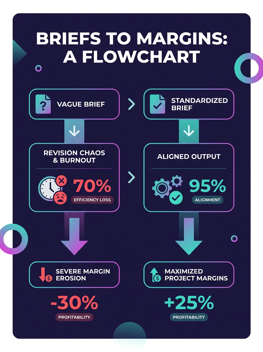 Infographic showing a flowchart comparing two paths — a vague brief leading to assumptions, multiple revision cycles, margin erosion, and team burnout versus a standardized brief leading to aligned ou