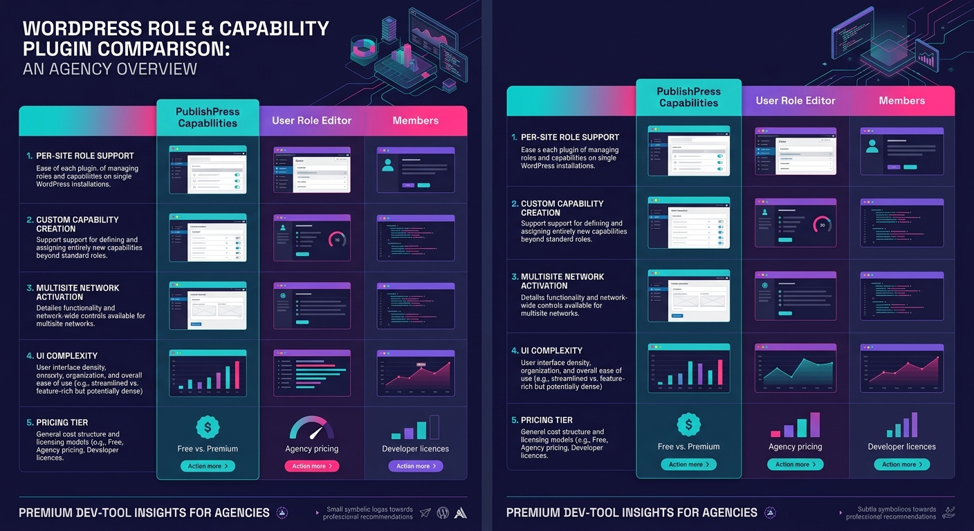 infographic comparing PublishPress Capabilities, User Role Editor, and Members plugin across five criteria: per-site role support, custom capability creation, multisite network activation, UI complexi