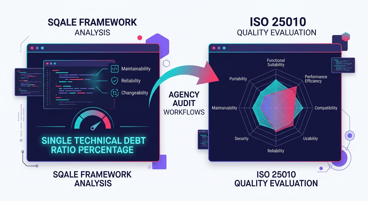A comparison diagram showing SQALE framework on the left producing a single technical debt ratio percentage, and ISO 25010 on the right evaluating eight quality characteristics in a radar chart format