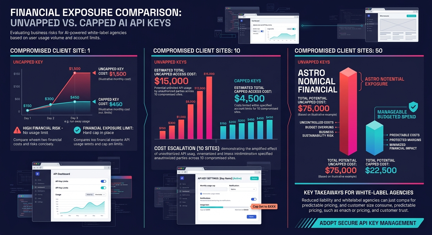 infographic comparing the financial exposure of uncapped versus capped AI API keys across different numbers of compromised client sites, showing cost escalation from 1 site to 10 to 50 sites with spec